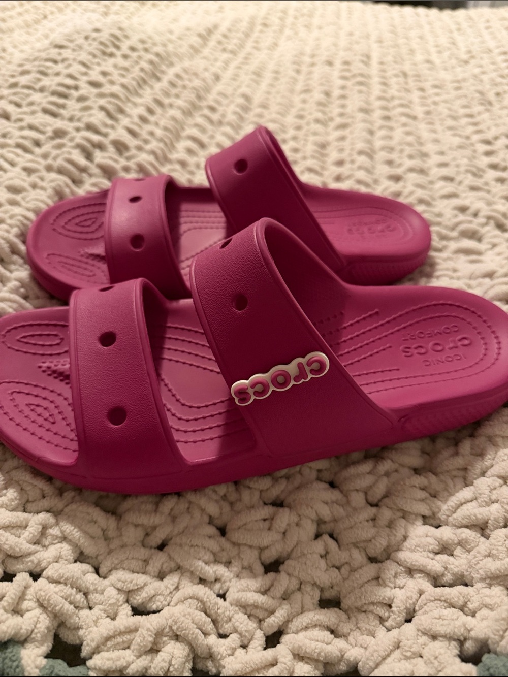 Women Crocs Double -Strap Slide Sandals in Fuchsia - Picture 2 of 3